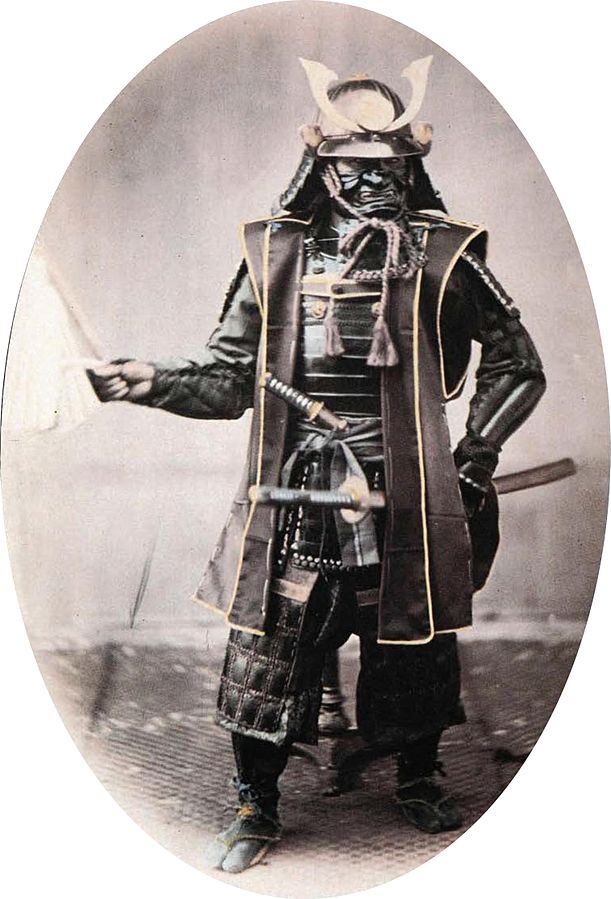 Samurai warrior in armor, circa 1860.