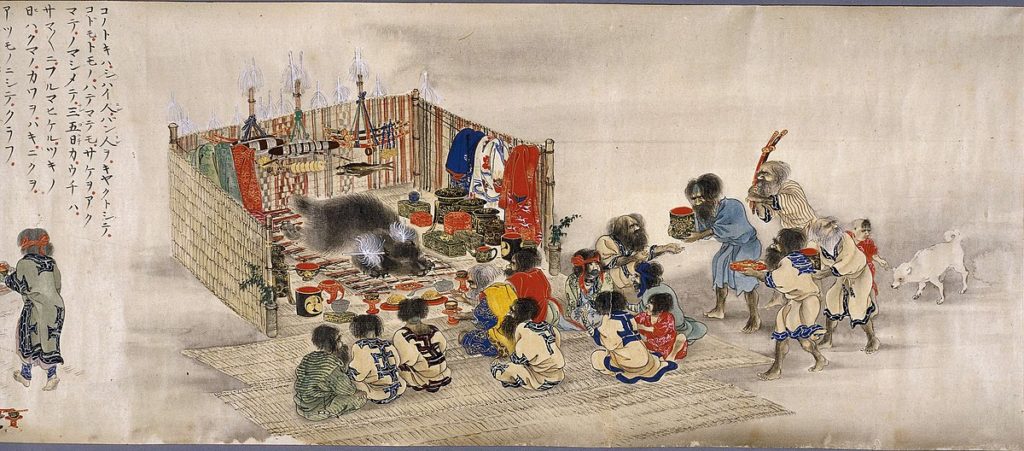 Ainu bear sacrifice. Japanese painting 1870