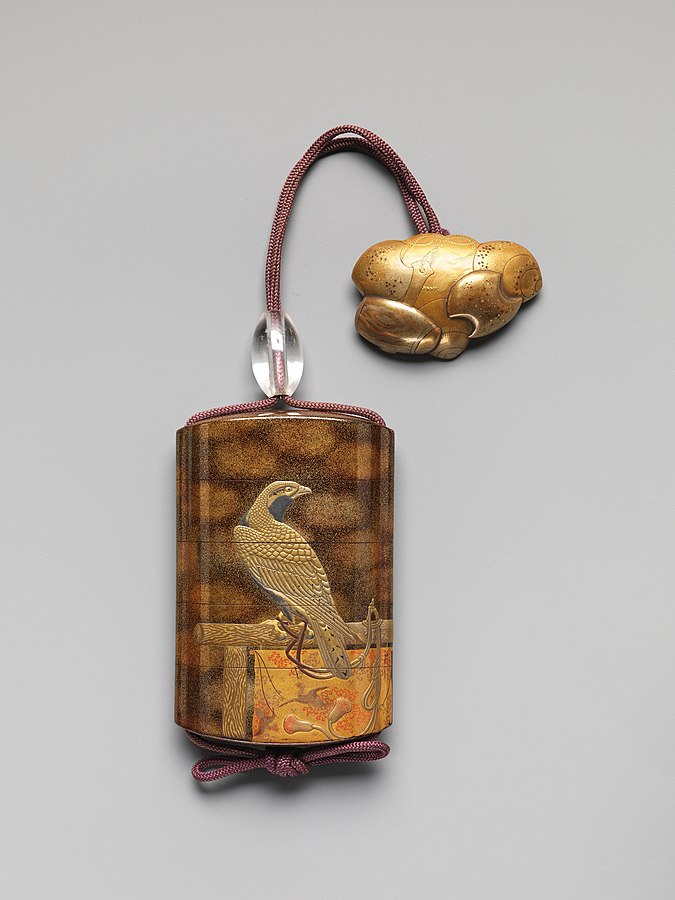 Inro with Design of Two Hawks on Tasseled Perches. Edo period, 19th century