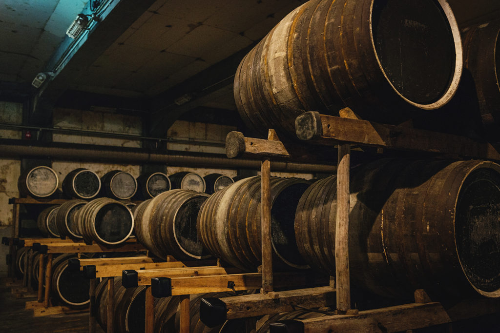 Distilling alcohol in a cellar in Japan.