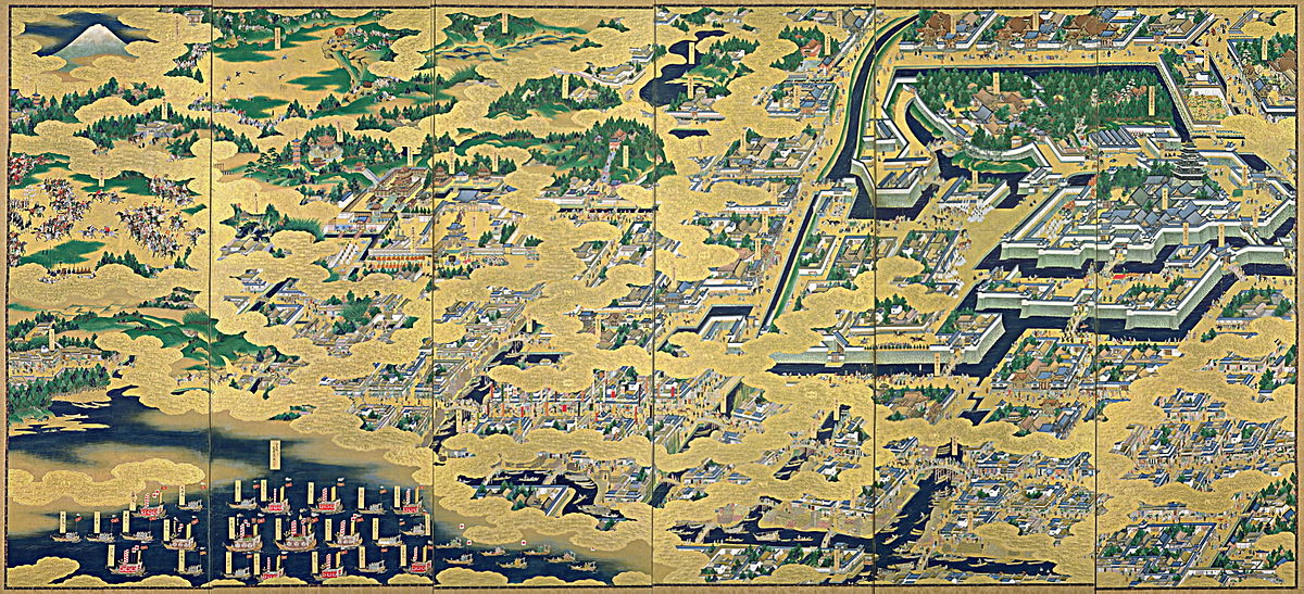 "View of Edo" (Edo zu) pair of six-panel folding screens (17th century). Upper right corner Edo Castle.