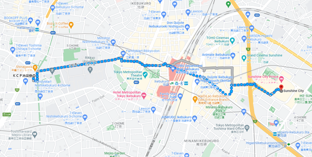 The path to Sunshine City is a fairly straightforward walk through Ikebukuro Station
