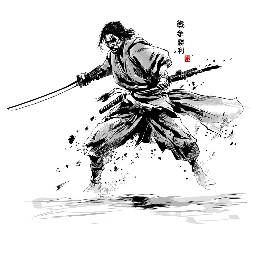 Japanese samourai fighting with sword - vector illustration - meaning of the black japanese characters : WAR, VICTORY - Meaning of the characters in the red stamp : BEAUTY, LOVE, HARMONIE